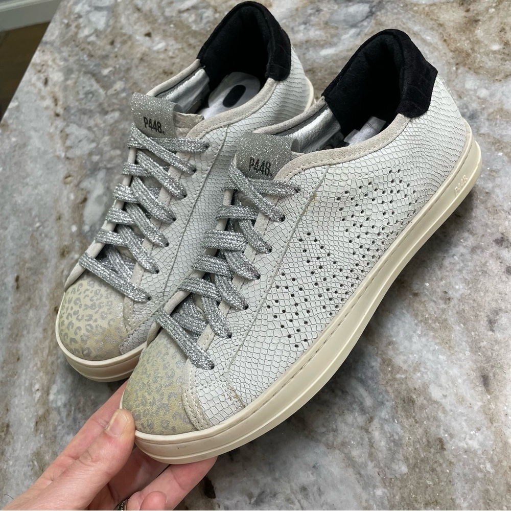 P448 Leather Sneakers with Glitter Silver Laces Women’s 36